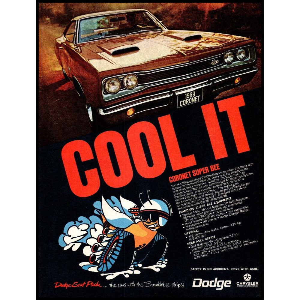 1969 Dodge Coronet Super Bee Magnum V8 Vintage Print Ad Hood Scoops Wall Art